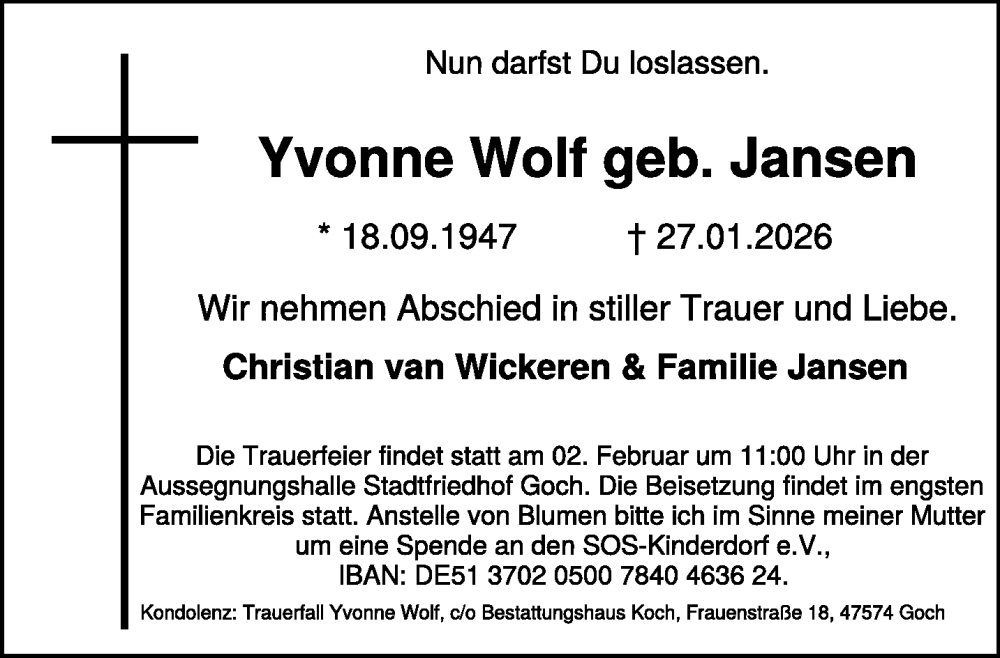  Traueranzeige für Yvonne Wolf vom 31.01.2026 aus NNA