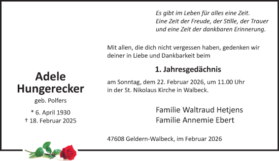 Traueranzeige von Adele Hungerecker von NNA