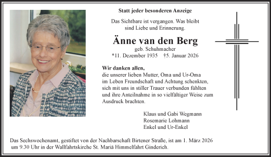 Traueranzeige von Änne van den Berg von NNA