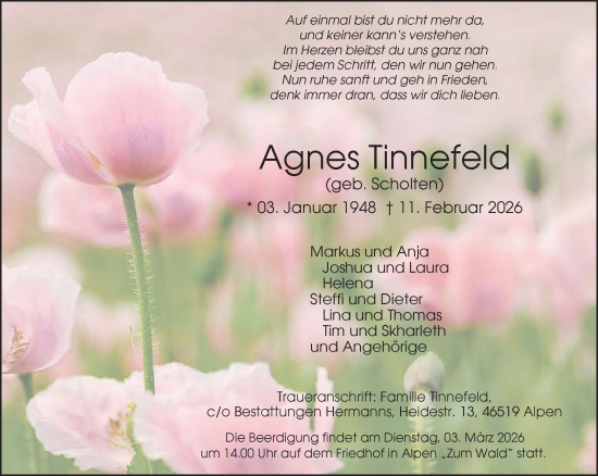 Traueranzeige von Agnes Tinnefeld von NNA