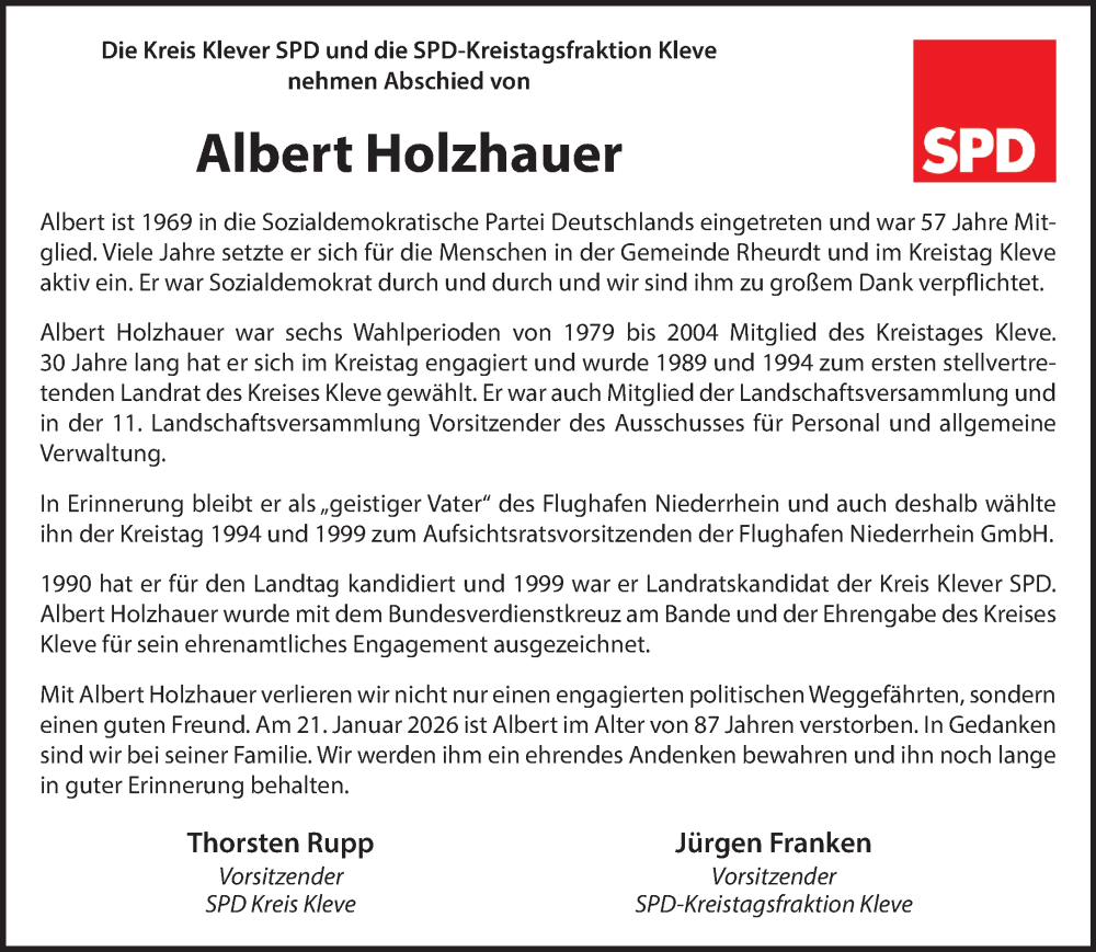  Traueranzeige für Albert Holzhauer vom 07.02.2026 aus NNA