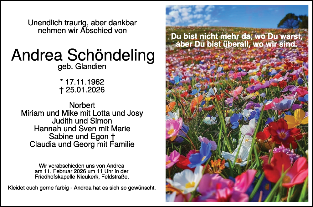  Traueranzeige für Andrea Schöndeling vom 07.02.2026 aus NNA