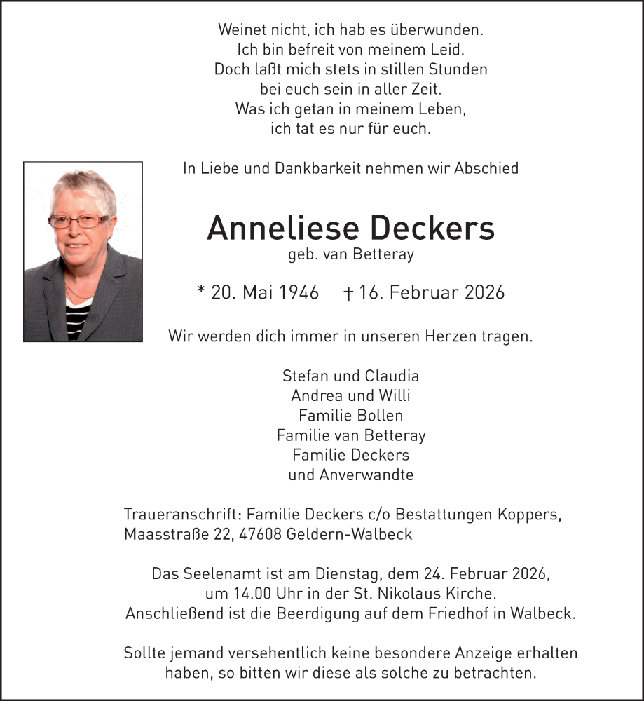  Traueranzeige für Anneliese Deckers vom 21.02.2026 aus NNA