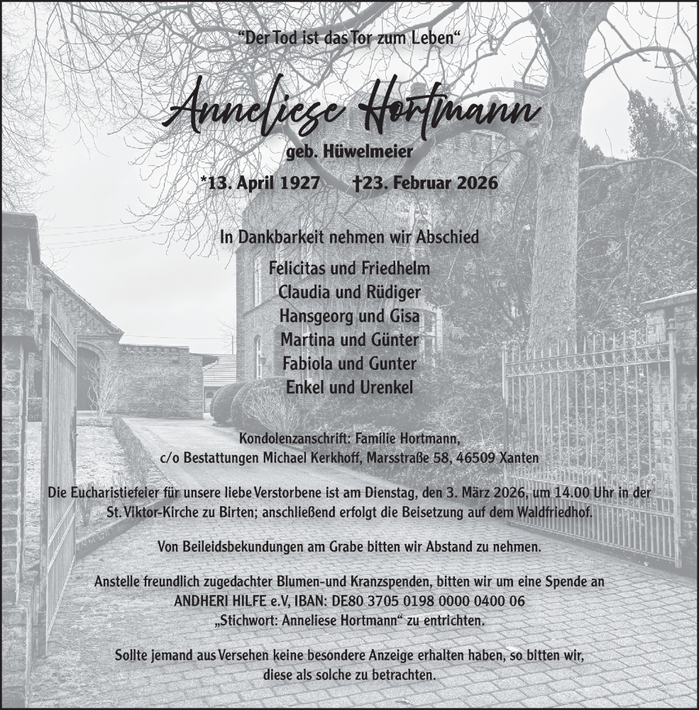  Traueranzeige für Anneliese Hortmann vom 28.02.2026 aus NNA
