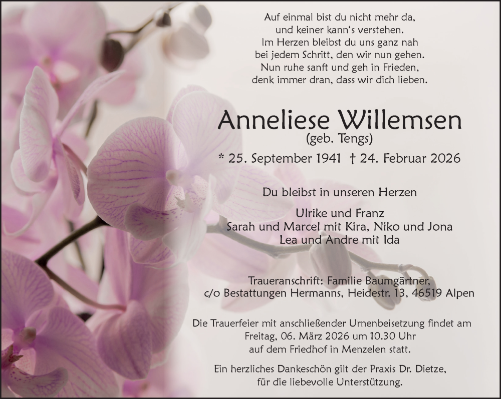  Traueranzeige für Anneliese Willemsen vom 28.02.2026 aus NNA