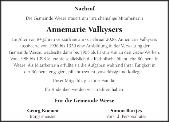 Traueranzeige von Annemarie Valkysers von NNA