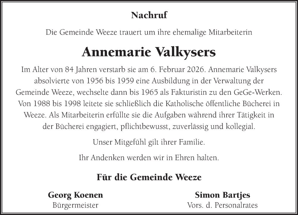  Traueranzeige für Annemarie Valkysers vom 21.02.2026 aus NNA