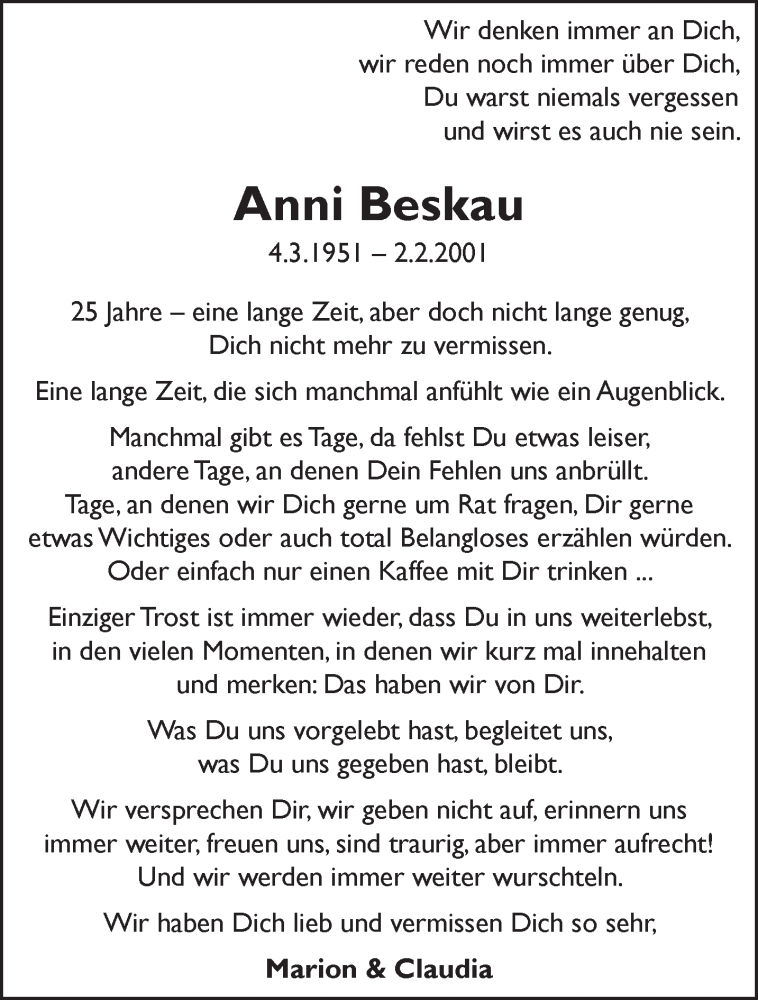  Traueranzeige für Anni Beskau vom 07.02.2026 aus NNA