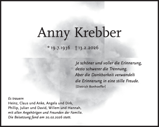 Traueranzeige von Anny Krebber von NNA