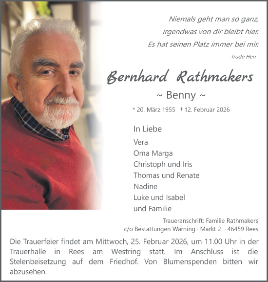 Traueranzeige von Bernhard Rathmakers von NNA