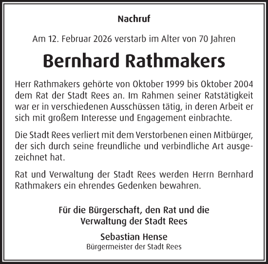 Traueranzeige von Bernhard Rathmakers von NNA