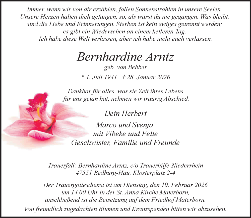  Traueranzeige für Bernhardine Arntz vom 07.02.2026 aus NNA