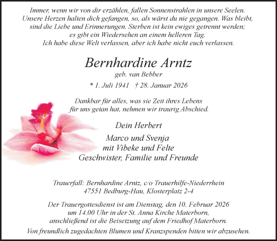 Traueranzeige von Bernhardine Arntz von NNA