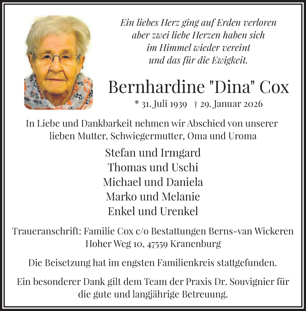  Traueranzeige für Bernhardine Cox vom 21.02.2026 aus NNA