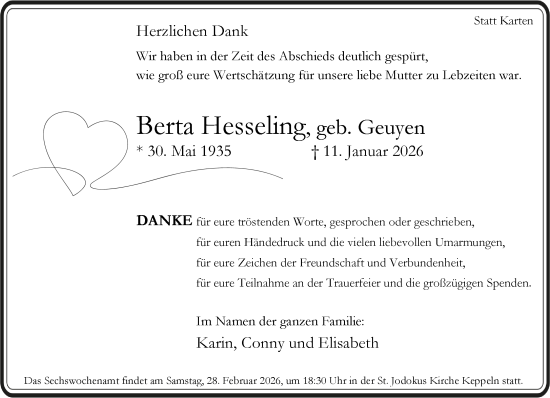Traueranzeige von Berta Hesseling von NNA