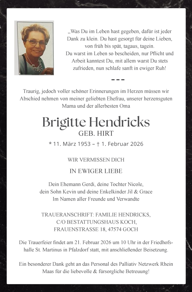  Traueranzeige für Brigitte Hendricks vom 14.02.2026 aus NNA