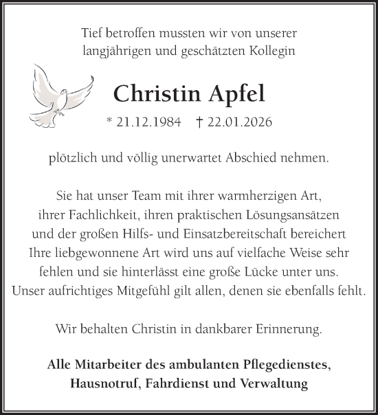 Traueranzeige von Christin Apfel von NNA