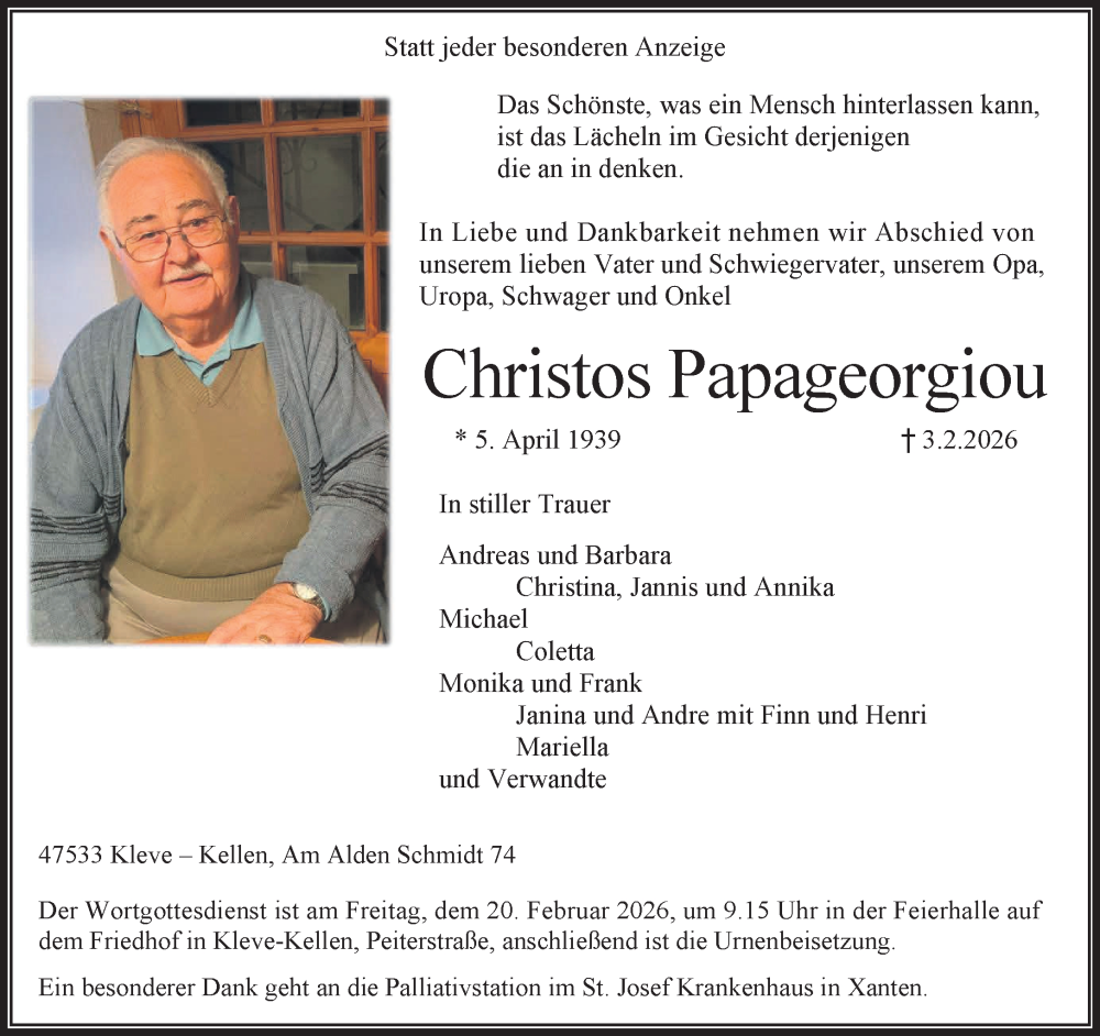  Traueranzeige für Christos Papageorgiou vom 14.02.2026 aus NNA