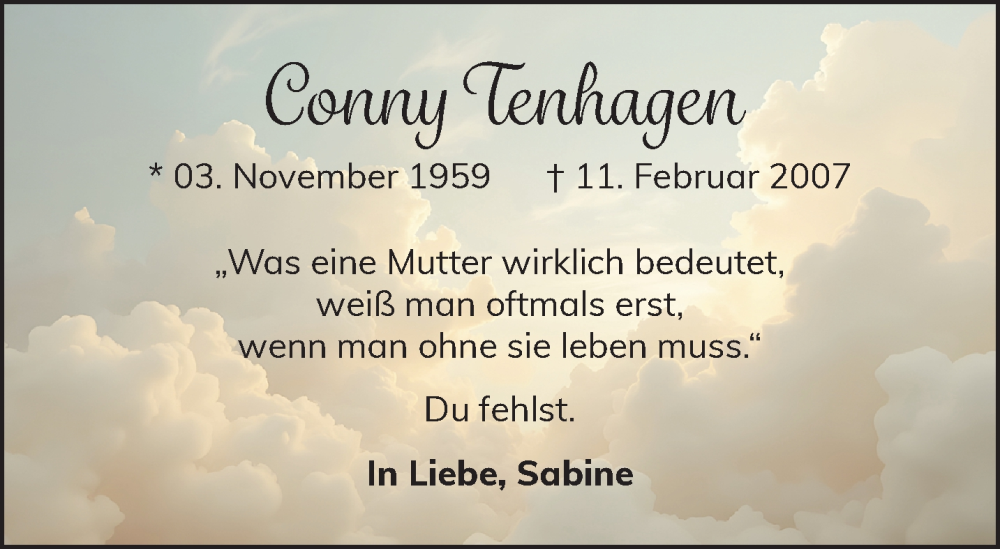  Traueranzeige für Conny Tenhagen vom 14.02.2026 aus NNA