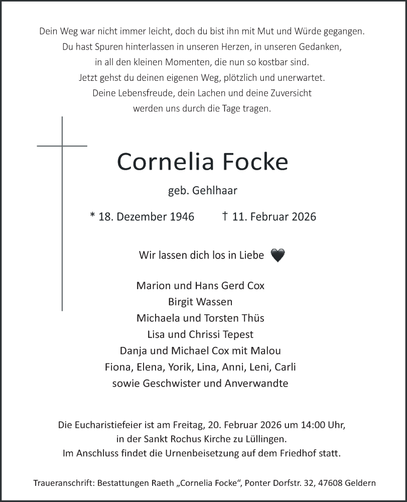  Traueranzeige für Cornelia Focke vom 14.02.2026 aus NNA
