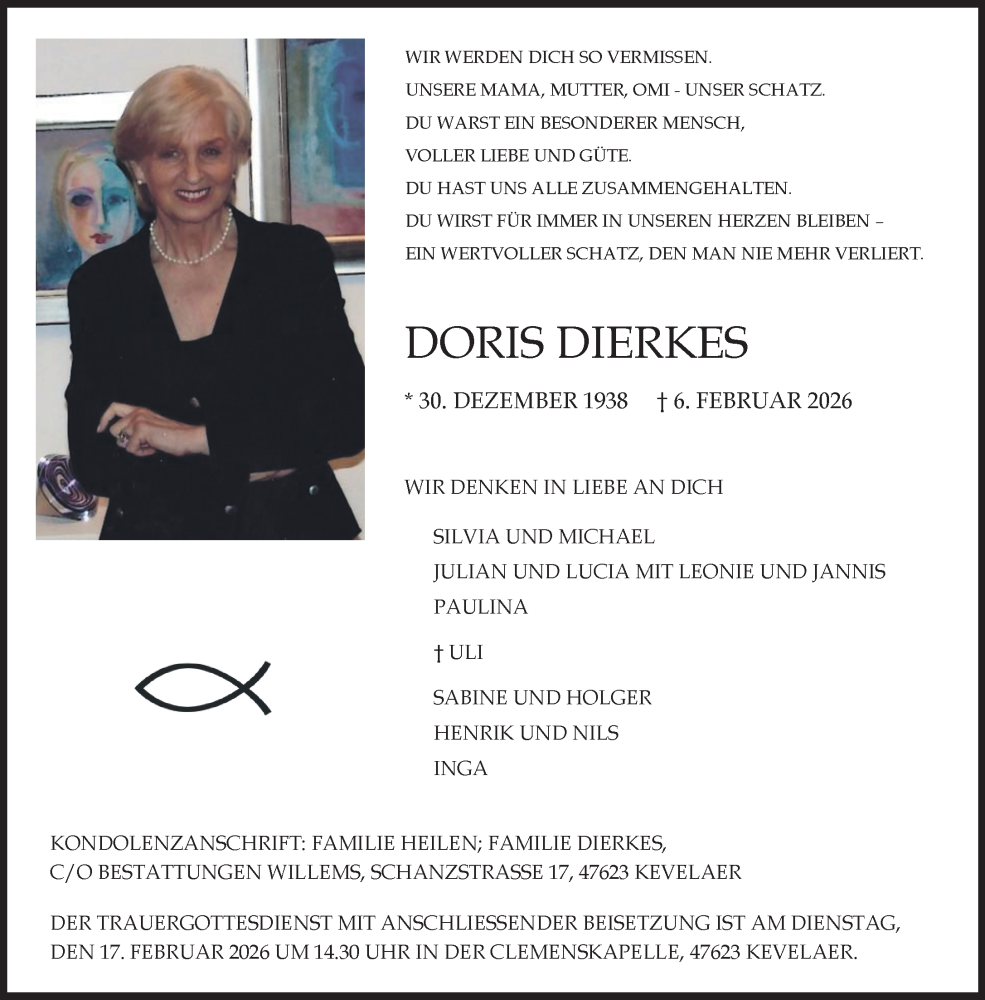  Traueranzeige für Doris Dierkes vom 14.02.2026 aus NNA