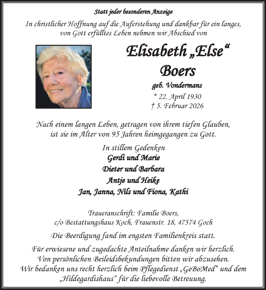  Traueranzeige für Elisabeth Boers vom 14.02.2026 aus NNA