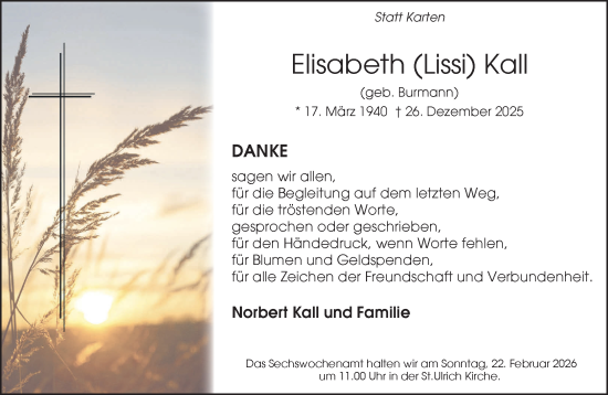 Traueranzeige von Elisabeth Kall von NNA