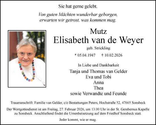 Traueranzeige von Elisabeth van de Weyer von NNA