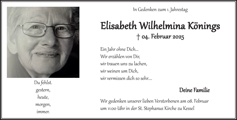 Traueranzeige für Elisabeth Wilhelmina Könings vom 07.02.2026 aus NNA