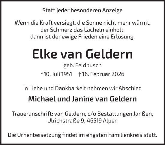 Traueranzeige von Elke van Geldern von NNA