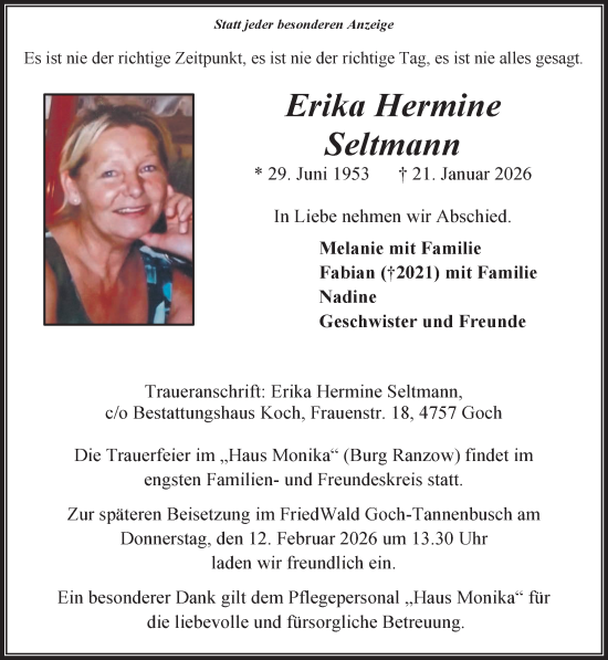 Traueranzeige von Erika Hermine Seltmann von NNA