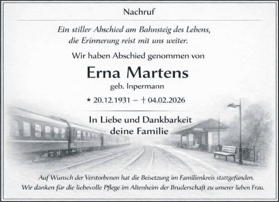 Traueranzeige von Erna Martens von NNA