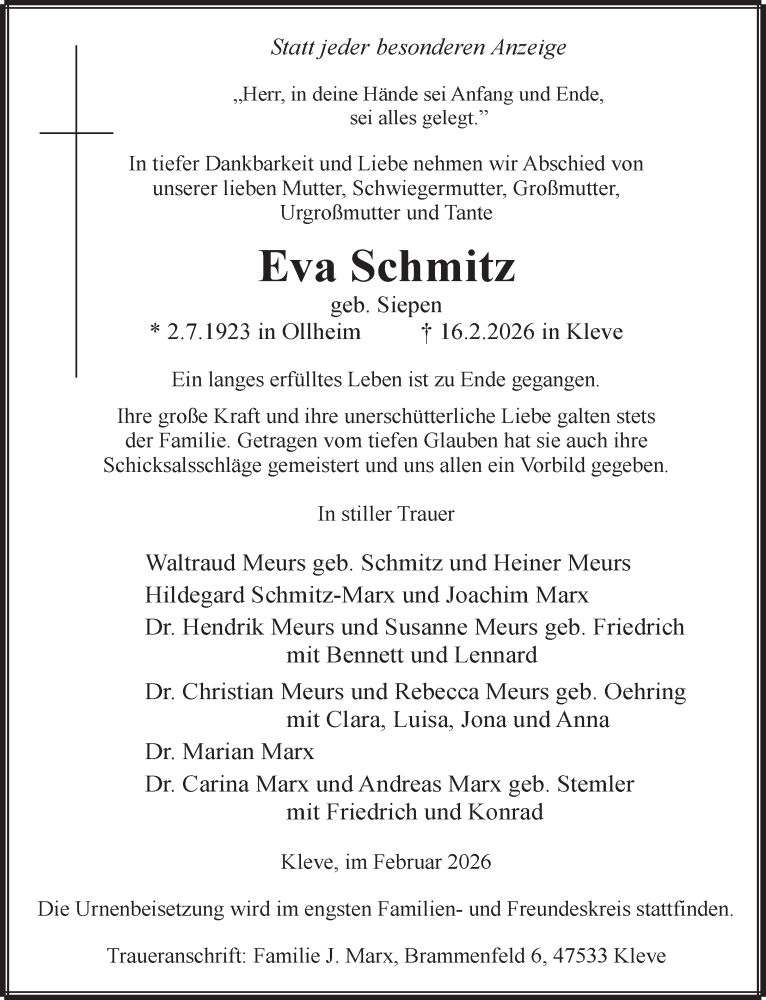  Traueranzeige für Eva Schmitz vom 21.02.2026 aus NNA