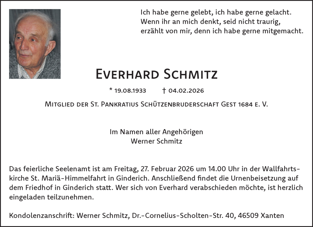  Traueranzeige für Everhard Schmitz vom 21.02.2026 aus NNA