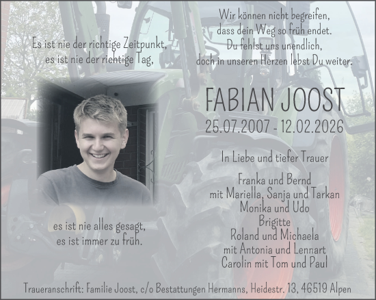 Traueranzeige von Fabian Joost von NNA
