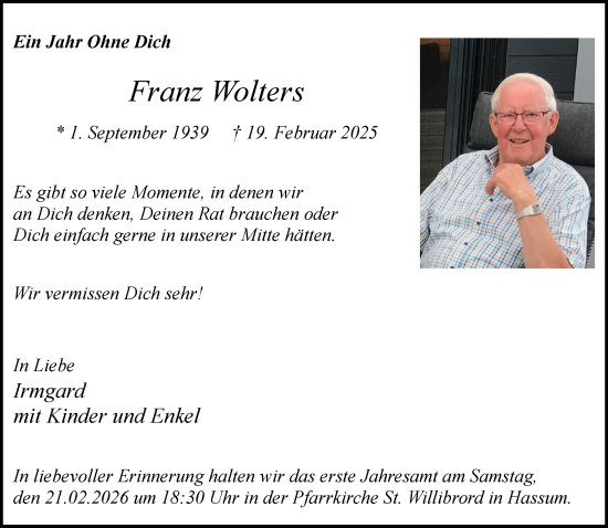 Traueranzeige von Franz Wolters von NNA