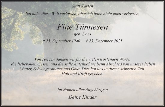 Traueranzeige von Fine Tünnesen von NNA