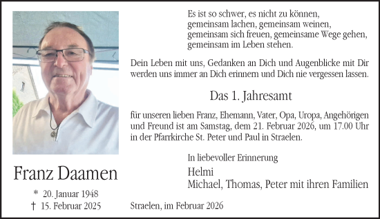 Traueranzeige von Franz Daamen von NNA