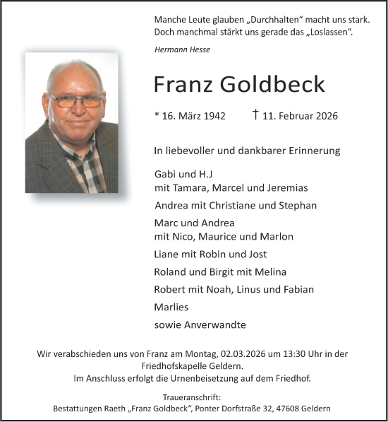 Traueranzeige von Franz Goldbeck von NNA