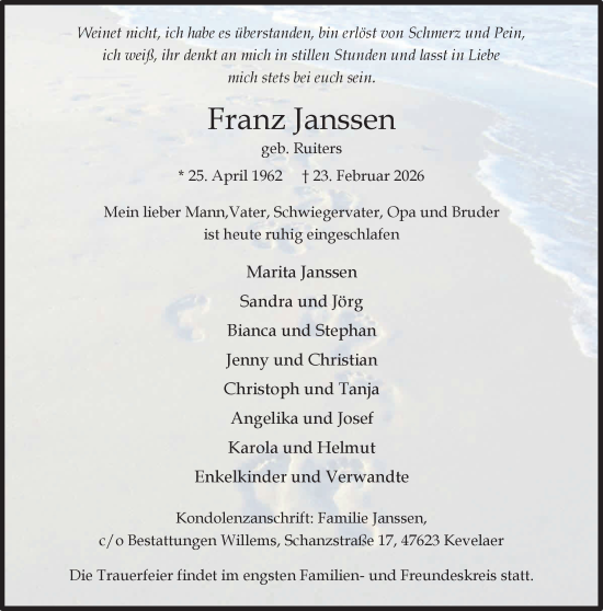 Traueranzeige von Franz Janssen von NNA