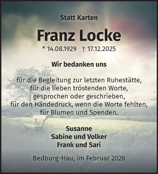 Traueranzeige von Franz Locke von NNA