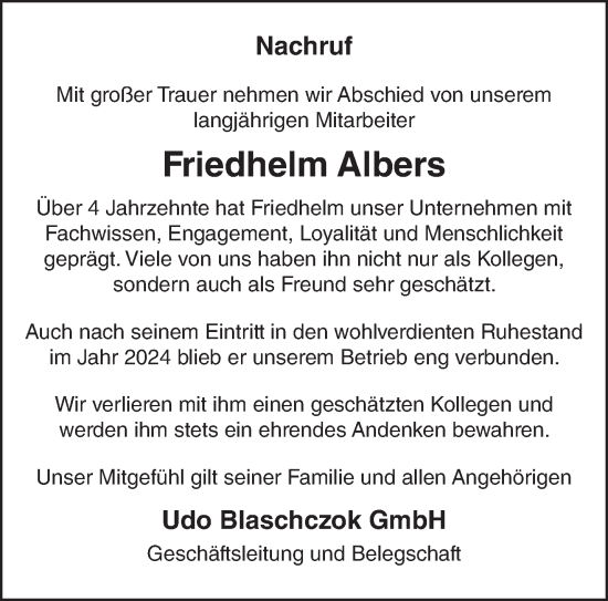 Traueranzeige von Friedhelm Albers von NNA