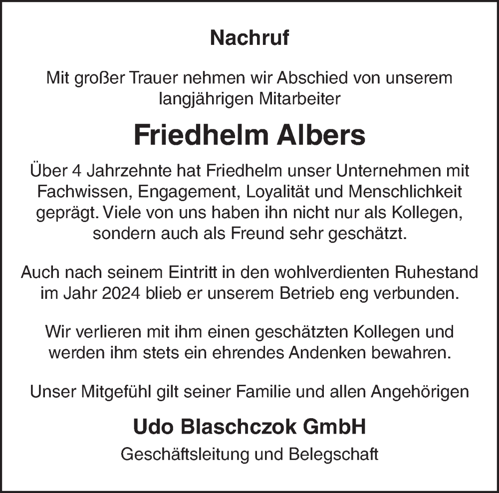  Traueranzeige für Friedhelm Albers vom 07.02.2026 aus NNA
