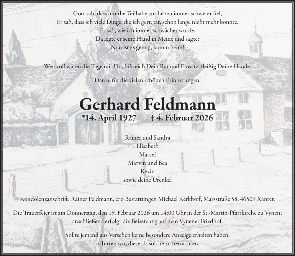  Traueranzeige für Gerhard Feldmann vom 14.02.2026 aus NNA