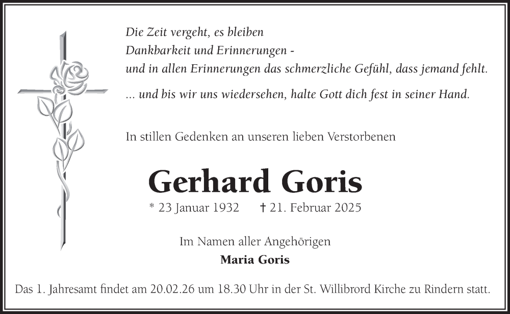  Traueranzeige für Gerhard Goris vom 14.02.2026 aus NNA