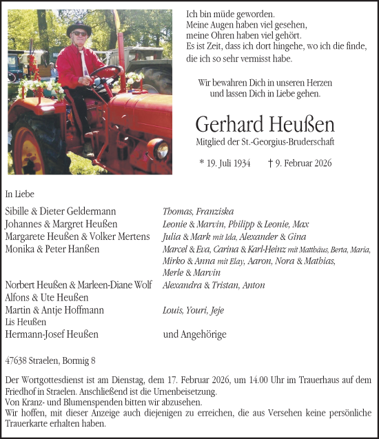 Traueranzeige von Gerhard Heußen von NNA