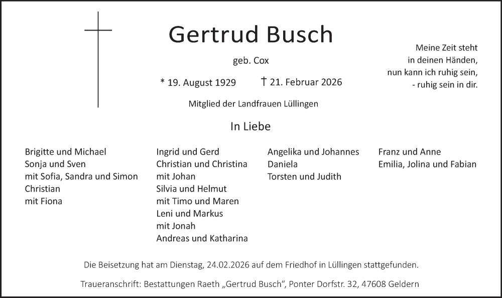 Traueranzeige für Gertrud Busch vom 28.02.2026 aus NNA