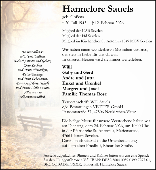 Traueranzeige von Hannelore Sauels von NNA