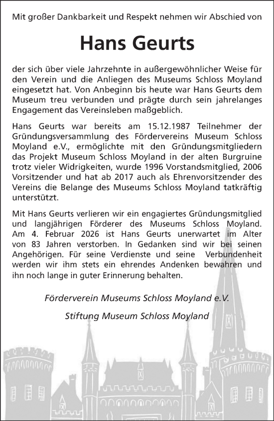 Traueranzeige von Hans Geurts von NNA
