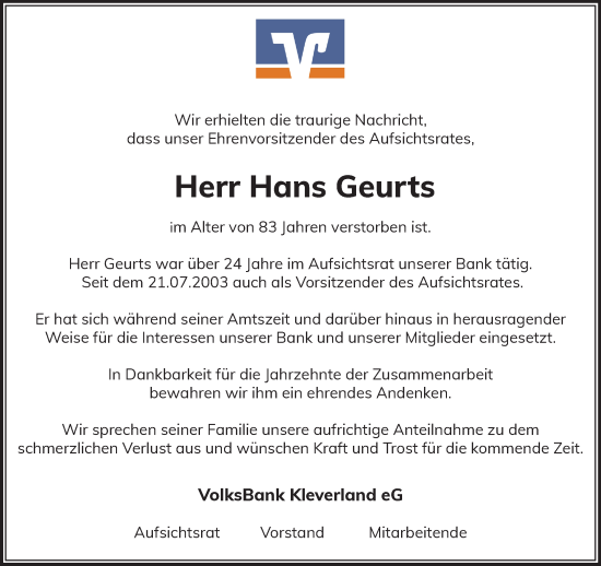 Traueranzeige von Hans Geurts von NNA